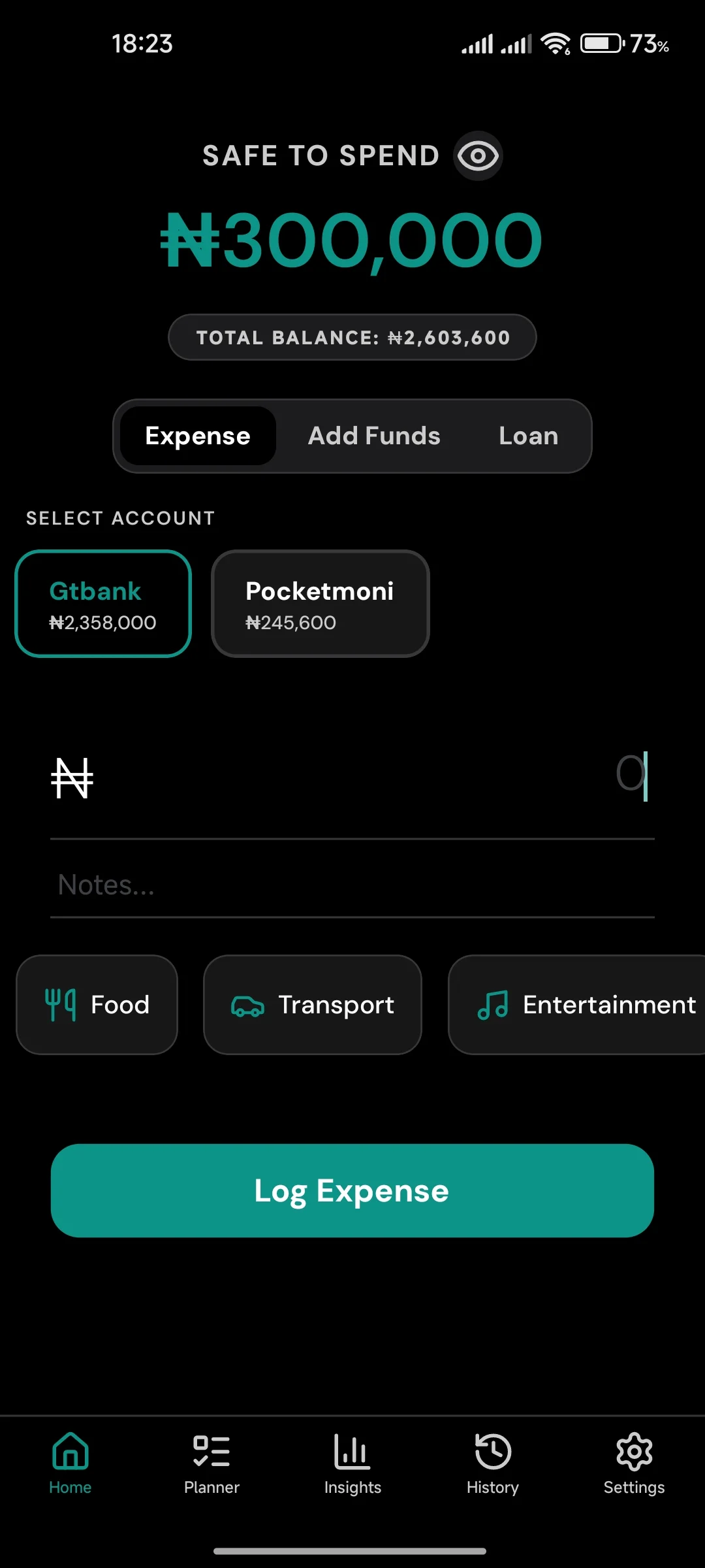 Vera dashboard showing account balances and recent activity