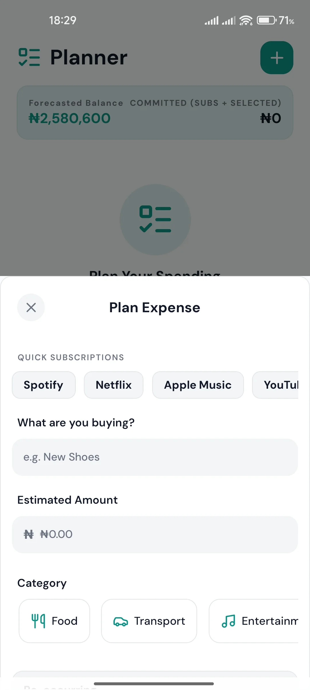Vera planner screen with a plan expense form and quick subscription options