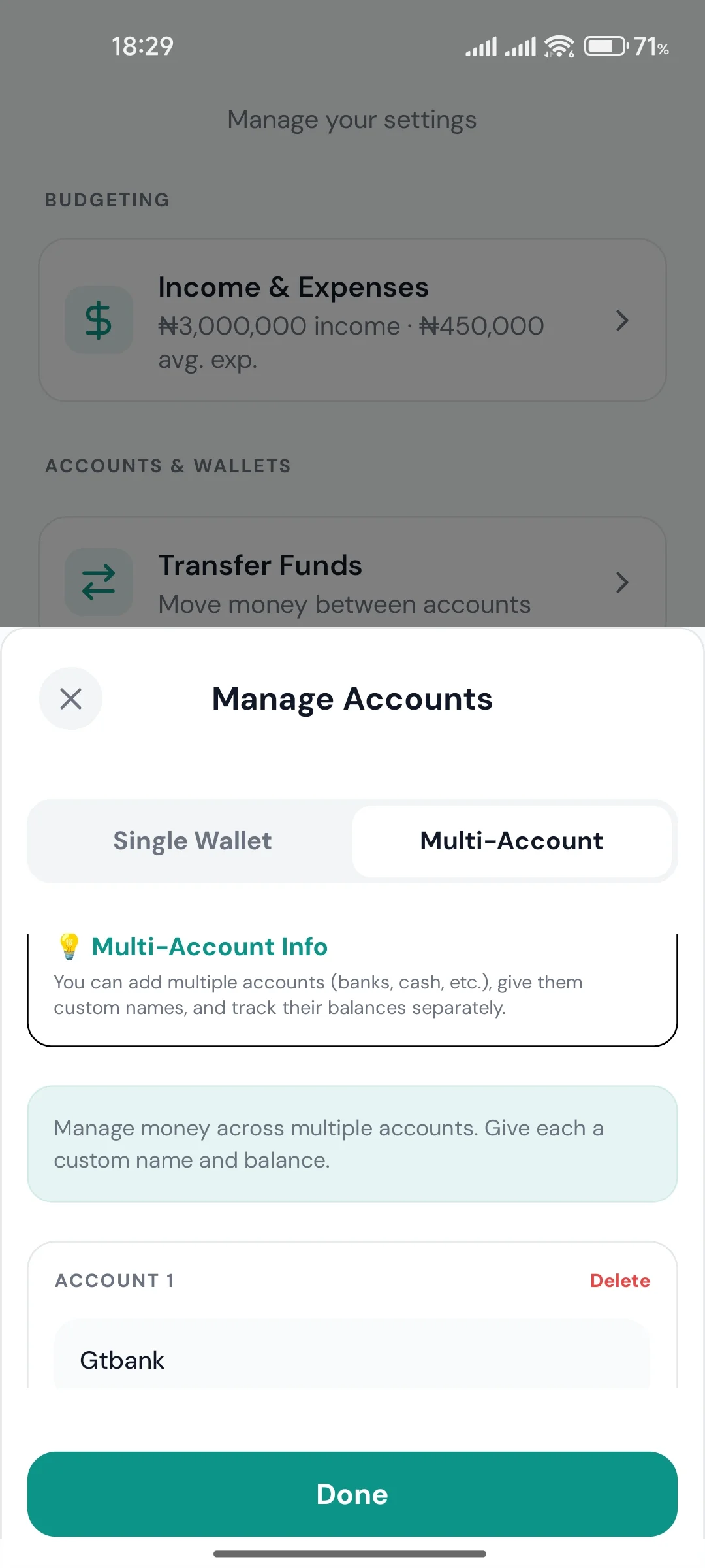Vera wallets overview showing connected accounts
